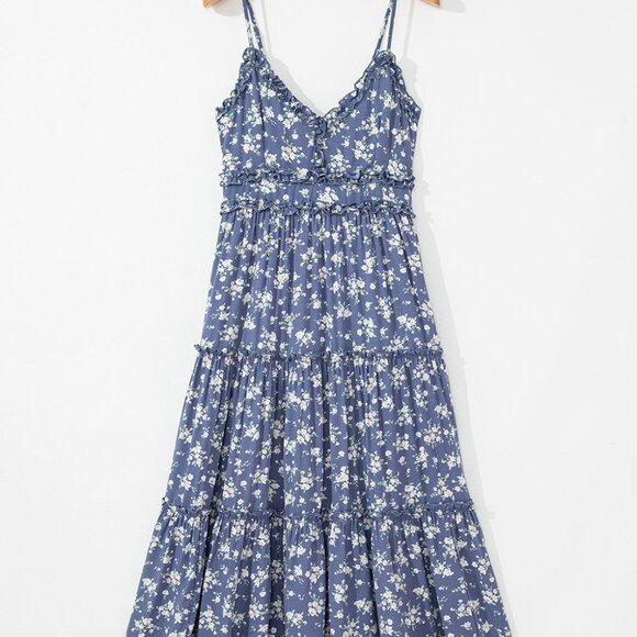 B266 Blue Floral Spaghetti Strap Frilled V Neck Tiered Midi Dress - Picture 9 of 16